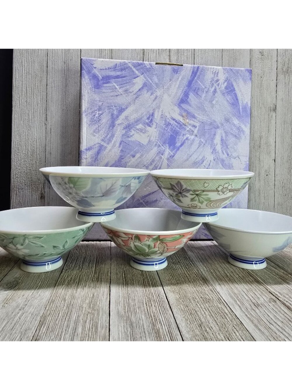 Vintage Japanese Rice Bowls Soup Dish Porcelain Floral - Set of 5 with Box 4.75"